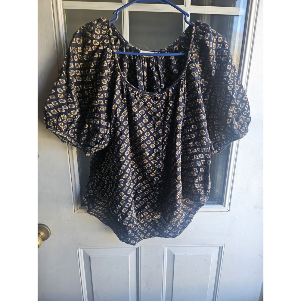 Pilcro Anthropologie Shirt Medium Navy Marble Print Flowy Puff Sleeve Blouse